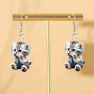 À la mode à la mode Animal plat acrylique boucles <span class=keywords><strong>d</strong></span>'oreilles chats portant chemise cravate <span class=keywords><strong>d</strong></span>écoratif ornement bijoux accessoires cadeaux femmes fille - Product Image 5