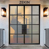 Puerta de Entrada Zekin para Patio Trasero, Puerta Francesa con Marco de Aluminio, Vidrio Templado, Puerta de Seguridad con Cerradura y Rejilla