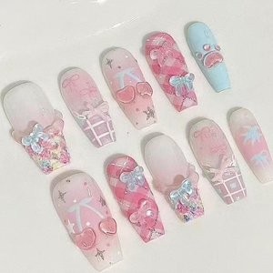 Uñas Postizas Largas Estilo Ataúd, Color <span class=keywords><strong>Rosa</strong></span>, con Diseño 3D de Lazo, Corazón y Estrella Dorada, Hechas a Mano, para Bodas, Uso Diario, Fiestas y Eventos - Product Image 1