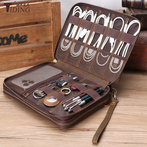 Tiding Genuine Leather Cable <b>Storage</b> Bag Dark Brown Double Layer For Business Travel With <b>Usb</b> Flash Drive And Headphone Slots - Product Image 1