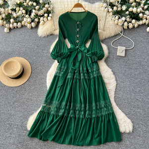 Abito <span class=keywords><strong>Giallo</strong></span> in Pizzo Traforato Ricamato da Donna a <span class=keywords><strong>Maniche</strong></span> <span class=keywords><strong>Lunghe</strong></span> a Vita Alta con Taglio ad A - Product Image 2