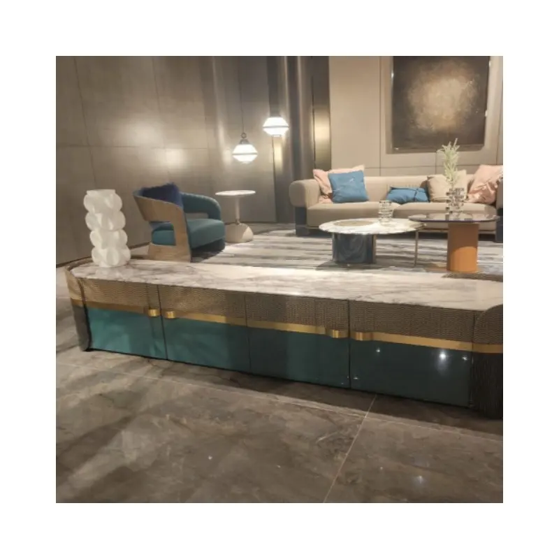 Usine haut de gamme chinoise lumière luxe dessus en marbre blanc naturel bois meuble TV salon moderne meuble TV piano peinture bleu