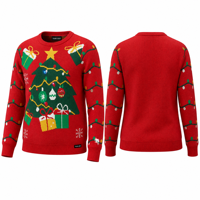 Pull en tricot rouge Y76 pour femme, col rond, manches longues, imprimé floral et nœud, décontracté, pour les fêtes de Noël
