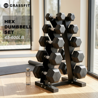 مجموعة دمبل سداسية الشكل من GRASSFIT للتدريب على القوة في صالة الألعاب الرياضية، أوزان حرة مطاطية بالرطل