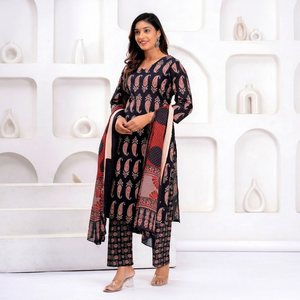 Women's Black Printed Straight <b>Kurti</b> Ethnic Casual Wear Cotton Kurta Indian Traditional Dress Office Work Wear Trendy Outfits - Product Image 1