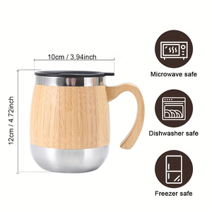 Natural Bamboo Wood Grain Stainless Steel Coffee <b>Mug</b> with Lid Handle <b>Double</b> <b>Wall</b> Insulated Travel Tea Cup - Product Image 4