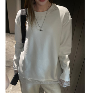 <span class=keywords><strong>T</strong></span>-<span class=keywords><strong>shirt</strong></span> à manches longues en velours épais avec patchwork de dentelle pour <span class=keywords><strong>femme</strong></span>, coupe ample amincissante, chemise intérieure, chemisier - Product Image 1