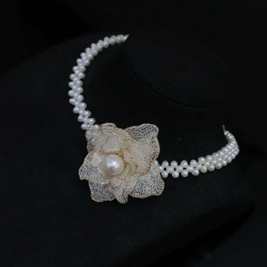 Handmade 14K Gold Filled <b>Choker</b> Necklace, Italian Craft Lace Flower With Natural Freshwater Pearl, Elegant Bridal Fine Jewelry - Product Image 2