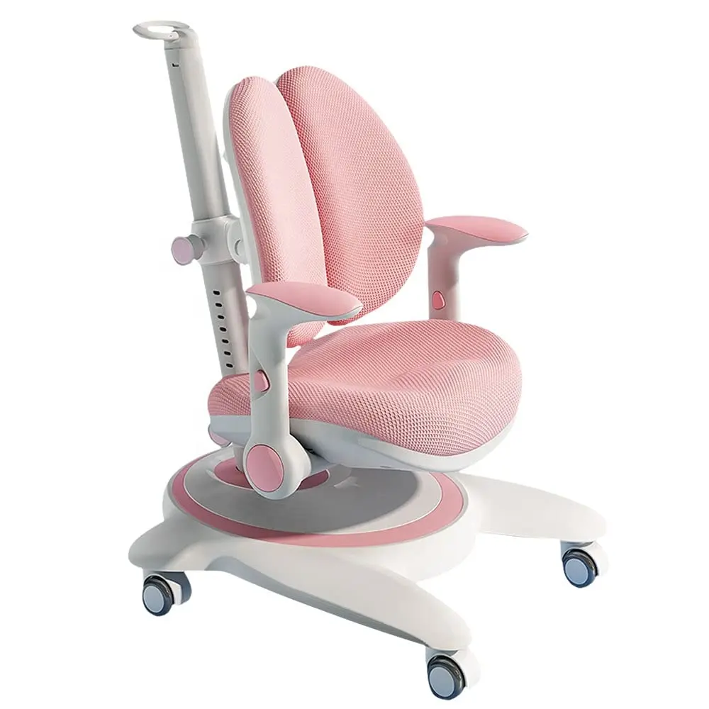 Silla de estudio rosa para niños, ruedas de freno automáticas, altura ajustable y profundidad de asiento para crecimiento, soporte Lumbar ajustable, para escuela en casa
