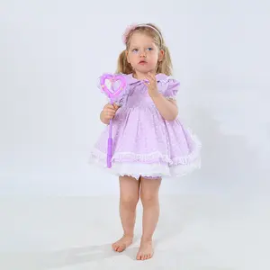 高品质定制设计学步女孩连衣裙紫色褶边儿童衬裙配灯笼裤儿童派对连衣裙