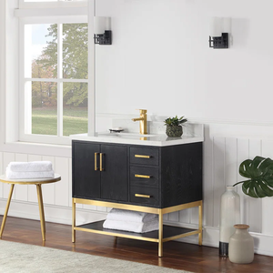 Mueble de Baño Moderno SENYUModern de Madera Negra con Tiradores de Latón y Estante Abierto para Almacenamiento - Product Image 1