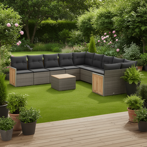 Dark Grey Garden <b>Sofa</b> Set <b>Rattan</b> Wicker Frame Teak Wood Solid Wood Cushioned Outdoor Furniture 6 Seater Contemporary Design - Product Image 2