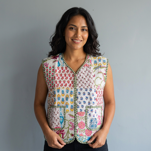 Gilet réversible matelassé en coton tricoté respirant et écologique pour femme, motif floral patchwork, sans manches, pour l'extérieur - Product Image 1