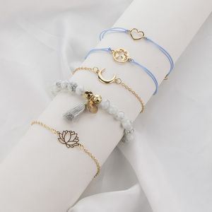 Set di Bracciali in Cinque Pezzi Stile Bohémien con Design Floreale Intrecciato, Placcati in Argento, con Cuore Cavo, Loto, Mappa e <span class=keywords><strong>Luna</strong></span>, Regalo per Donne - Product Image 2