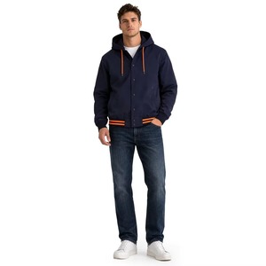 Veste universitaire à capuche bleu marine pour homme, tendance du moment, avec détails orange, vêtement décontracté d'automne, veste universitaire pour homme de haute qualité en vente - Product Image 3