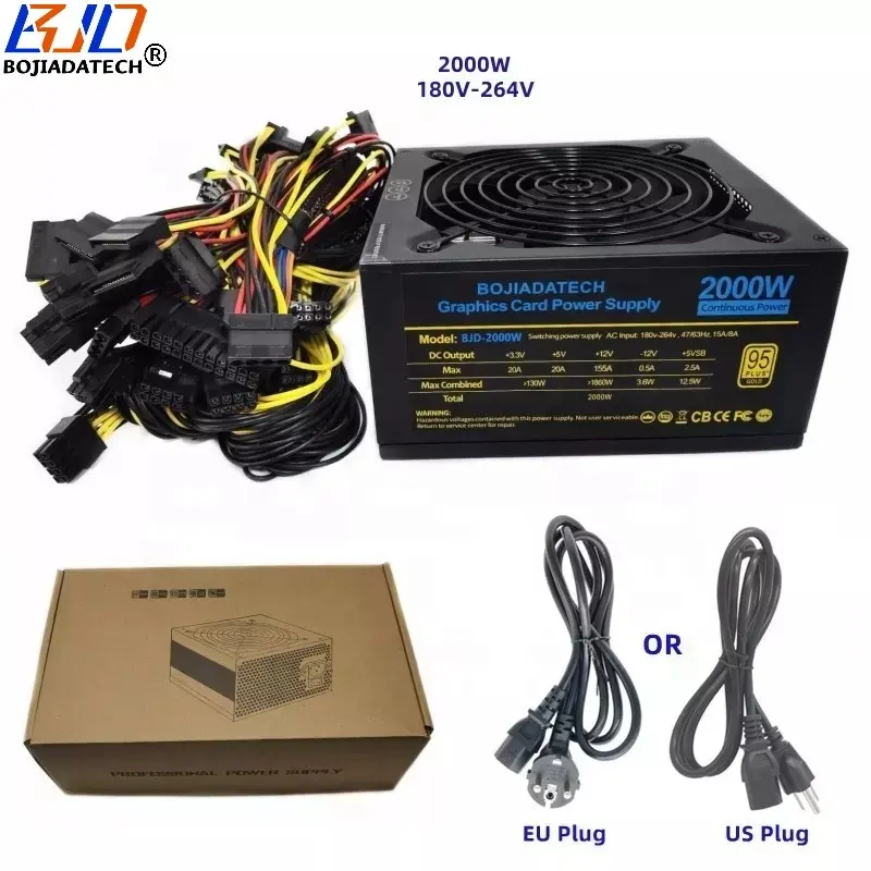 แบรนด์ใหม่2000W ATX PSU คอมพิวเตอร์ตั้งโต๊ะแหล่งจ่ายไฟ180-264Vac พัดลมเสียงเบาประสิทธิภาพ95% สำหรับกราฟิกการ์ด8 GPU