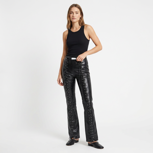 Pantalon femme en cuir véritable noir, taille haute, à lacets, coupe skinny, droit, longueur intégrale, fermeture boutonnée, écologique, respirant, hiver - Product Image 1