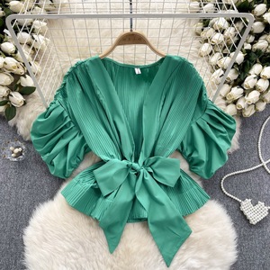 For Fashion Women's Pleated Bubble Sleeve <b>Blouse</b> Bowknot Waisted Ruffle Hem Top Casual Style With Solid Pattern for Summer - Product Image 5
