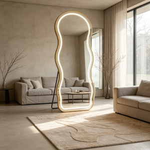 <span class=keywords><strong>Espejo</strong></span> de cuerpo entero ondulado con marco dorado y luz LED orgánica, de pie con soporte en forma de A para dormitorio, boutique, tienda, sala de exposiciones, venta al por mayor - Product Image 6