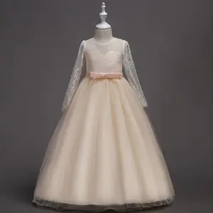 Elegante Mädchen Abend party Spitze Langarm Prinzessin Kleid Schleife geschichtet Kinder Geburtstags feier Kleider