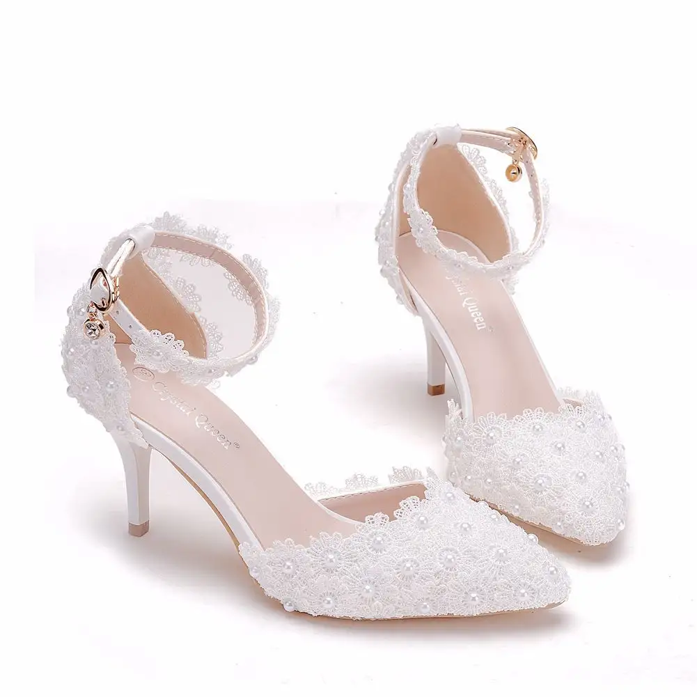 Putih/Berwarna Merah Muda/Biru Renda 7.5Cm Tipis Sepatu Pernikahan Sepatu Pesta Sepatu Wanita Sepatu Hak Tinggi Sepatu Pengantin Plus Ukuran 33-43