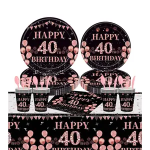 117 buah 40th peralatan makan Pesta Ulang Tahun piring sekali pakai serbet cangkir kertas 40th dekorasi perlengkapan pesta ulang tahun