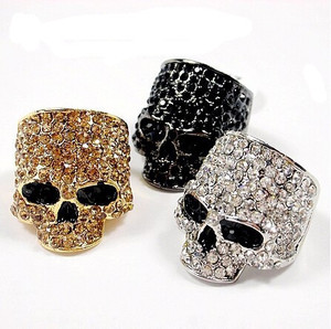 Anelli Punk <span class=keywords><strong>Rock</strong></span> JY all'Ingrosso, Anello con Teschio in Cristallo e Strass Nero, Oro e Argento, Gioielli da Uomo - Product Image 4