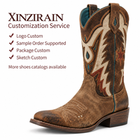 Bottes de cowboy western Xinzirain personnalisées pour hommes, aspect cuir vieilli marron, bout carré, surpiqûres contrastées, mi-mollet, à enfiler