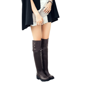 Women's Over-the-Knee Thigh High Waterproof Boots BIG Size <b>Heel</b> 4cm Brown Winter PU Stiletto Button Closure PVC/Rubber Outsole - Product Image 1