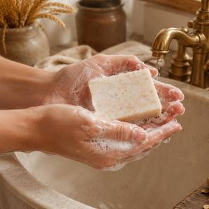 Savon au <span class=keywords><strong>lait</strong></span> de chèvre et à la farine d'avoine, beurre de karité, exfoliant, hydratant, pour peaux sensibles, visage et corps, nettoyage doux naturel, nourrissant, OEM - Product Image 6