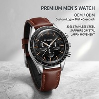 Montre à quartz pour homme de luxe de haute qualité OEM, acier inoxydable, logo personnalisé, étanche 5ATM, résistante aux rayures, bracelet en cuir, Reloj