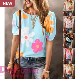 Dear-Lover Wholesale Private Label Fashion New Casual Cute Floral Top Bracelet Sleeve Flower Print Womens Tops And Blouses