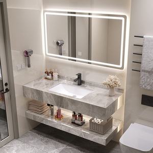 Mueble de Baño de Pared Gris de Lujo, con Doble Estante de <span class=keywords><strong>Piedra</strong></span>, Gabinete Resistente al Agua y a los Arañazos con Espejo LED para Hotel - Product Image 1