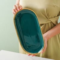 Service de vaisselle en céramique vert nordique avec bord doré, bols à soupe ronds, assiettes plates, vaisselle en porcelaine pour la maison et les restaurants
