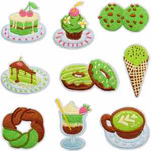 Patch thermocollant brodé vert Matcha, motifs crème glacée, dessert, thé au lait, gâteau, biscuit, beignet, café pour la décoration de vêtements d'enfants, sacs et chapeaux - Product Image 1