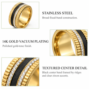 Anillo de Acero Inoxidable en Tono Dorado con Zirconia, Bañado al Vacío en Oro de 14K, Banda Central Texturizada Negra o Azul - Product Image 4