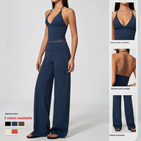 ARCHNANO Ensemble de yoga 2 pièces pour femme, pantalon large et haut court dos nu en V profond, tenue de sport, gym, fitness, pilates, logo personnalisé
