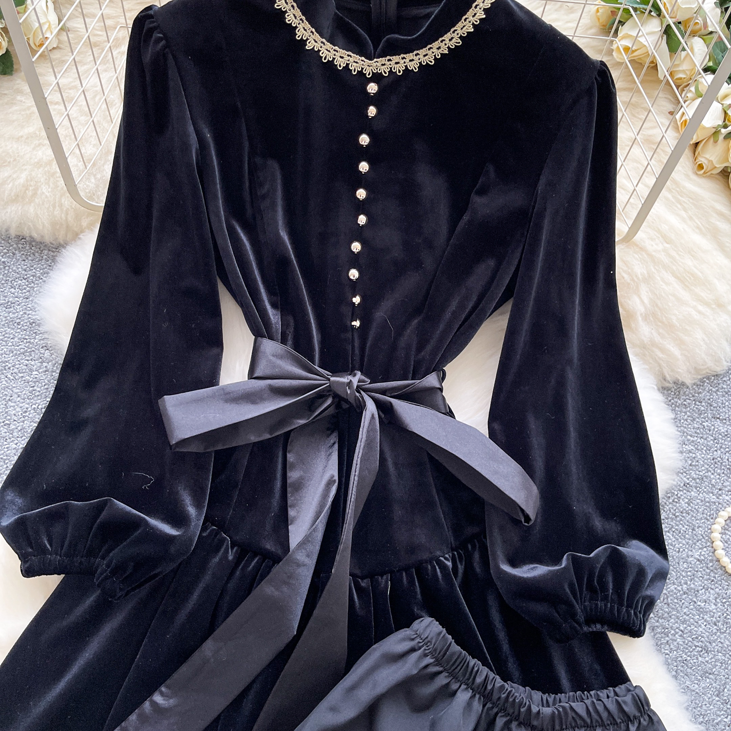 Luxury Lace Beaded Long Sleeve Velvet Dress With Tie-Waist Shorts Set  Women's Elegant Two-Piece Outfit| Alibaba.com
