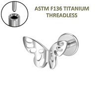 Piercing Labret Papillon Freya sans filetage ASTM F136 à dos plat avec zircon pour Hélix, Tragus, Conch, Lèvre