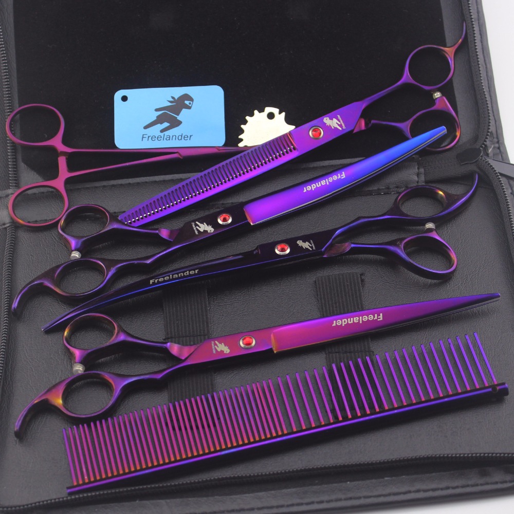 Набор Профессиональный для ухода за домашними животными, Ножницы Прямые и филировочные, изогнутые куски-4 шт., 8 дюймов Набор фиолетовых ножниц