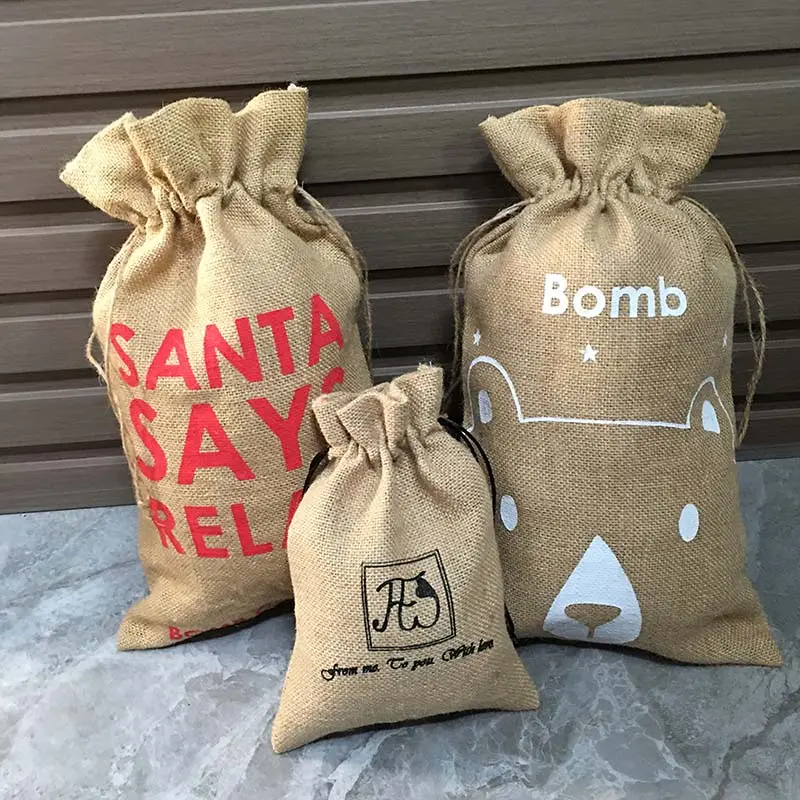 Bolsas reciclables con cordón Natural para regalos de Navidad, bolsas de yute, arpillera, con logotipo personalizado