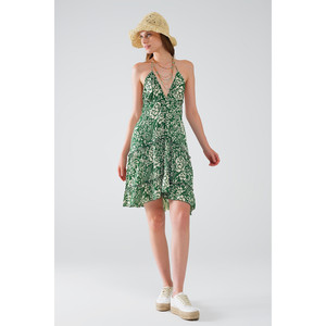 Abito Corto Verde Stile Boho in Raso con Stampa Floreale - Product Image 5