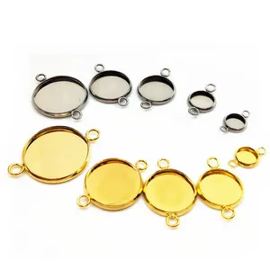 Stainless Steel Round Blank Bezel Pendant Connector Trays Base Cabochon Settings Trays Pendant Blanks Links for Jewelry Making