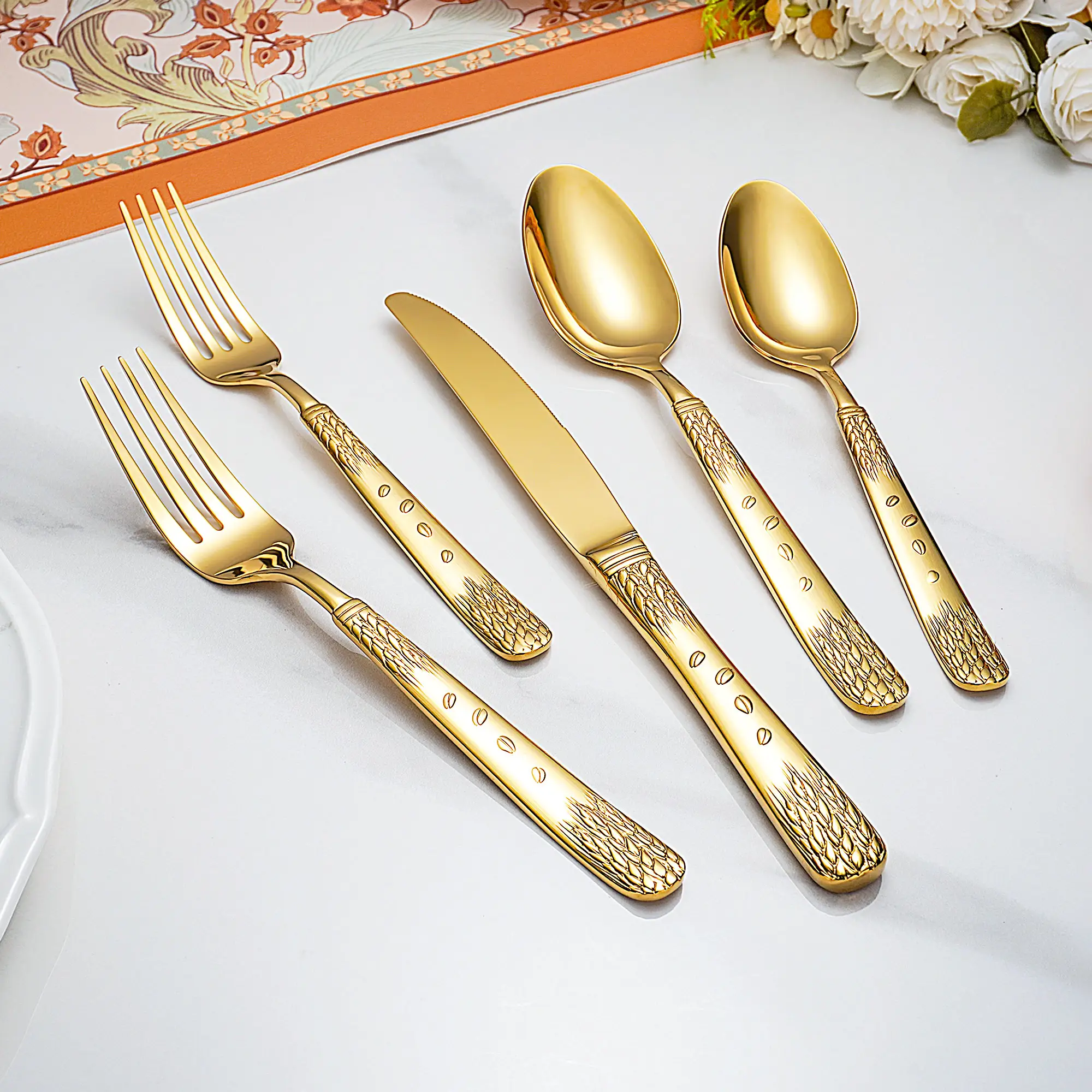 Vintage Wheat Embossed Handle Wedding Silverware Knife Fork And Spoon Flatware Stainless Steel Gold Cutlery Set