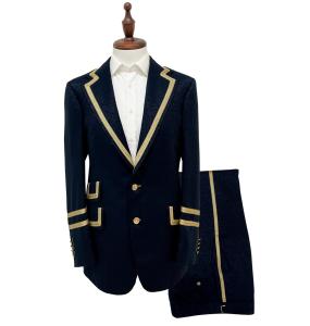 Costume d'affaires pour homme bleu marine, style smoking, simple boutonnage, en laine, grande taille, respirant, imperméable, avec plis sur le devant et doublure dorée - Product Image 1