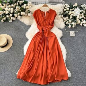New V-neck Pleated <b>Dress</b> for Women Sleeveless Y2k Belt <b>Dresses</b> <b>High</b> <b>Waist</b> Casual Chiffon Midi Vestidos - Product Image 3