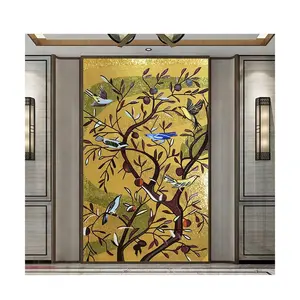 Mosaico de porcelana de jade con diseño de árbol y pájaro moderno, mural de mosaico de vidrio para manualidades, fabricación de azulejos para hotel