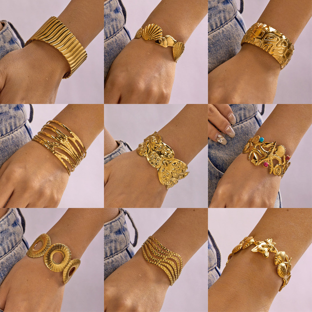 18K Gold Plated Waterproof Non Tarnish Hypoallergenic Beach & Tropical Statement Cuff Bracelets for Women