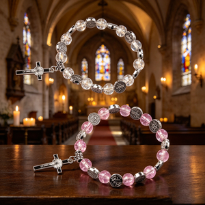 Collier religieux catholique en bois avec perles et croix plaquée argent, en alliage ABS/Zinc, mini perles phosphorescentes, vente en gros, pièce maîtresse - Product Image 1