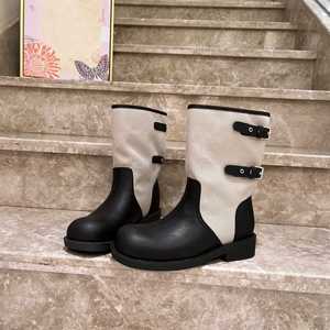 Botas Chelsea a Media Pantorrilla con Punta Redonda, Tacón Plano, Decoración de Hebilla, Parte Superior de Cuero Genuino, Suela de Goma, Zapatos de Mujer - Product Image 3